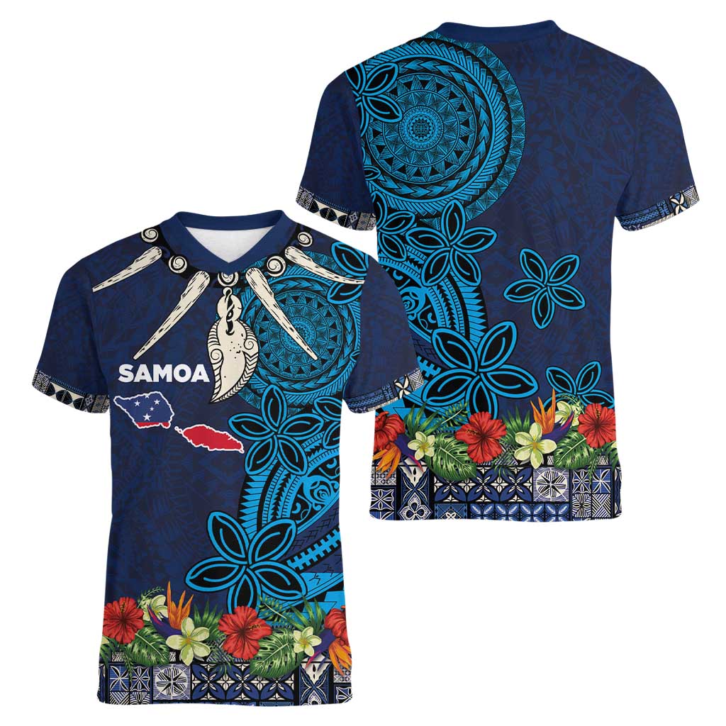 Samoa Siapo Polynesian Art Women V-Neck T-Shirt Tropical Flowers and Tatau Pattern Navy LT03 - Polynesian Pride
