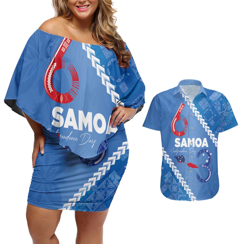 Samoa Independence Day Couples Matching Off Shoulder Short Dress and Hawaiian Shirt Anniversary 63th-Siapo Art