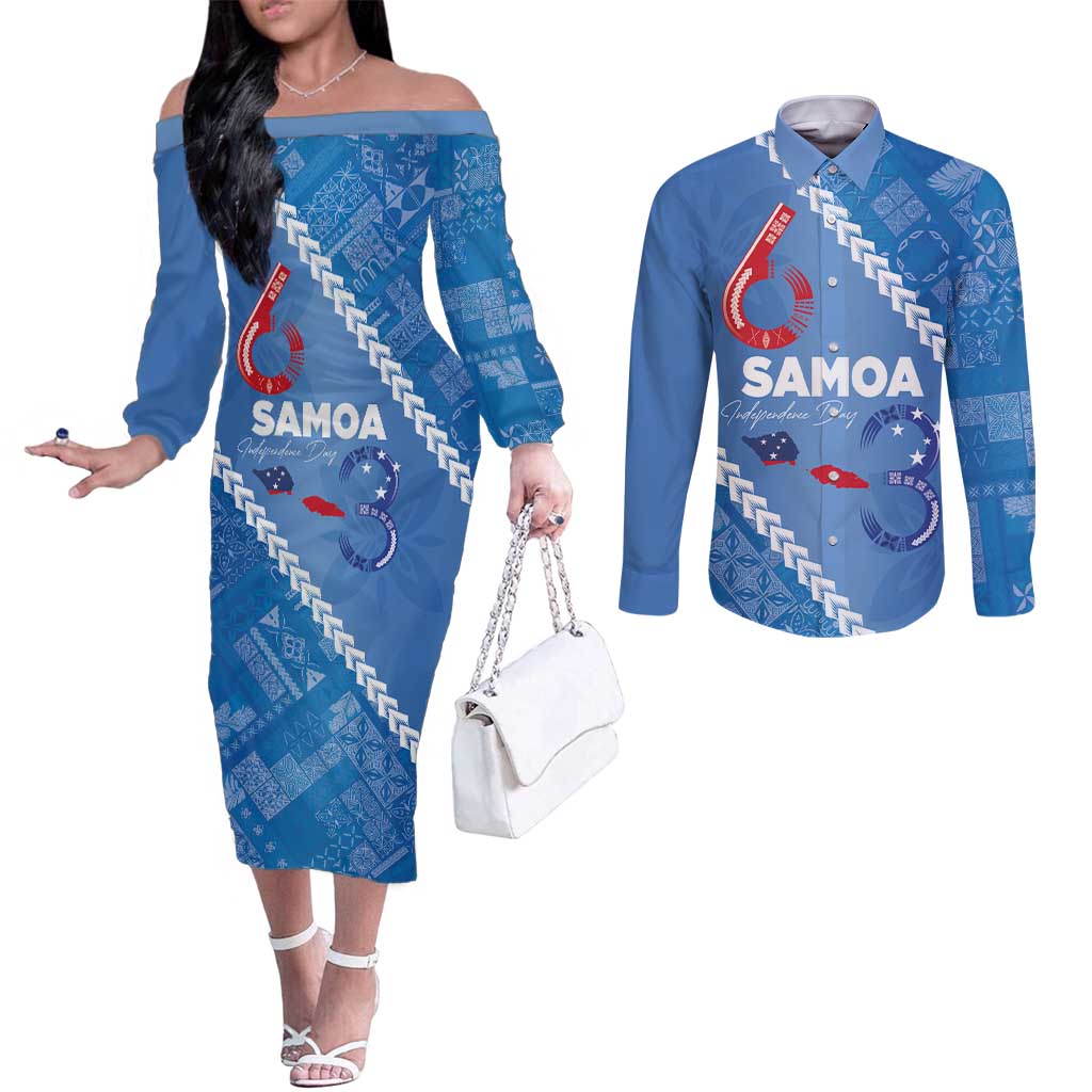 Samoa Independence Day Couples Matching Off The Shoulder Long Sleeve Dress and Long Sleeve Button Shirt Anniversary 63th-Siapo Art