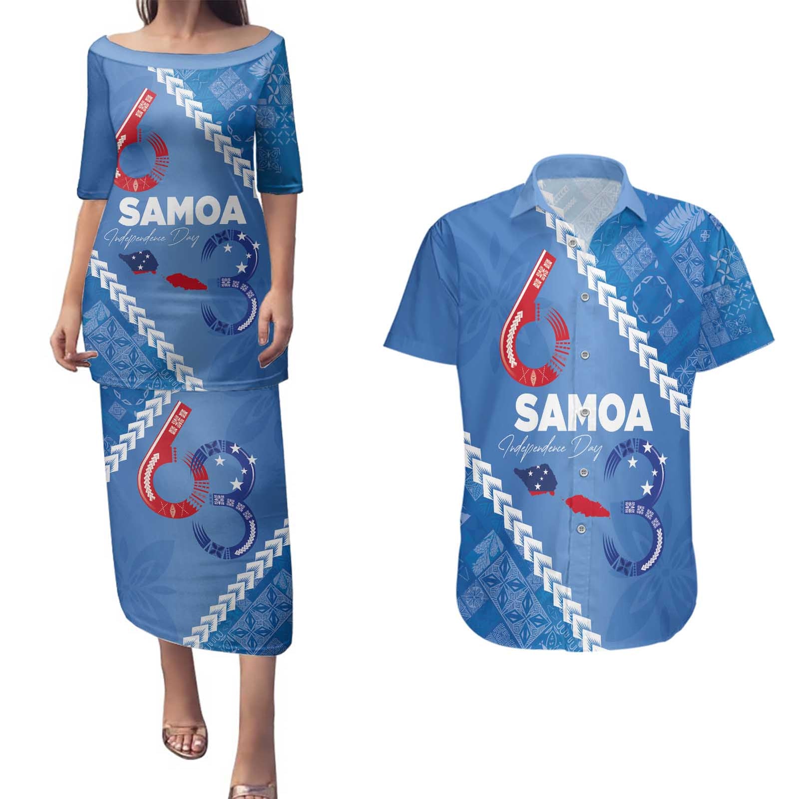 Samoa Independence Day Couples Matching Puletasi and Hawaiian Shirt Anniversary 63th-Siapo Art