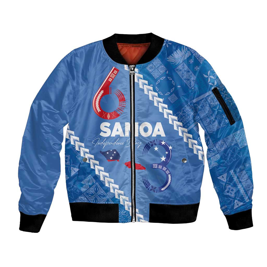 Samoa Independence Day Sleeve Zip Bomber Jacket Anniversary 63th-Siapo Art LT03 Unisex Blue - Polynesian Pride