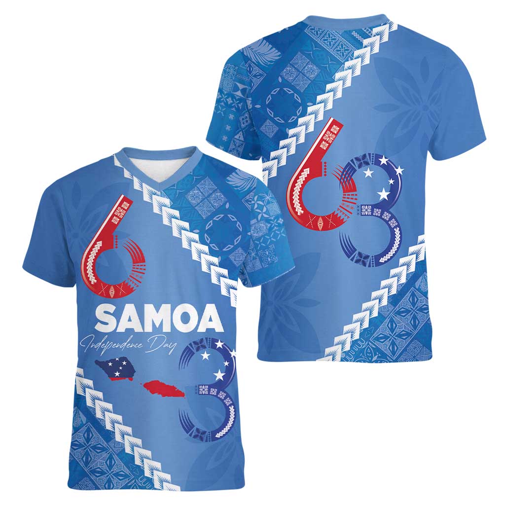Samoa Independence Day Women V-Neck T-Shirt Anniversary 63th-Siapo Art LT03 - Polynesian Pride
