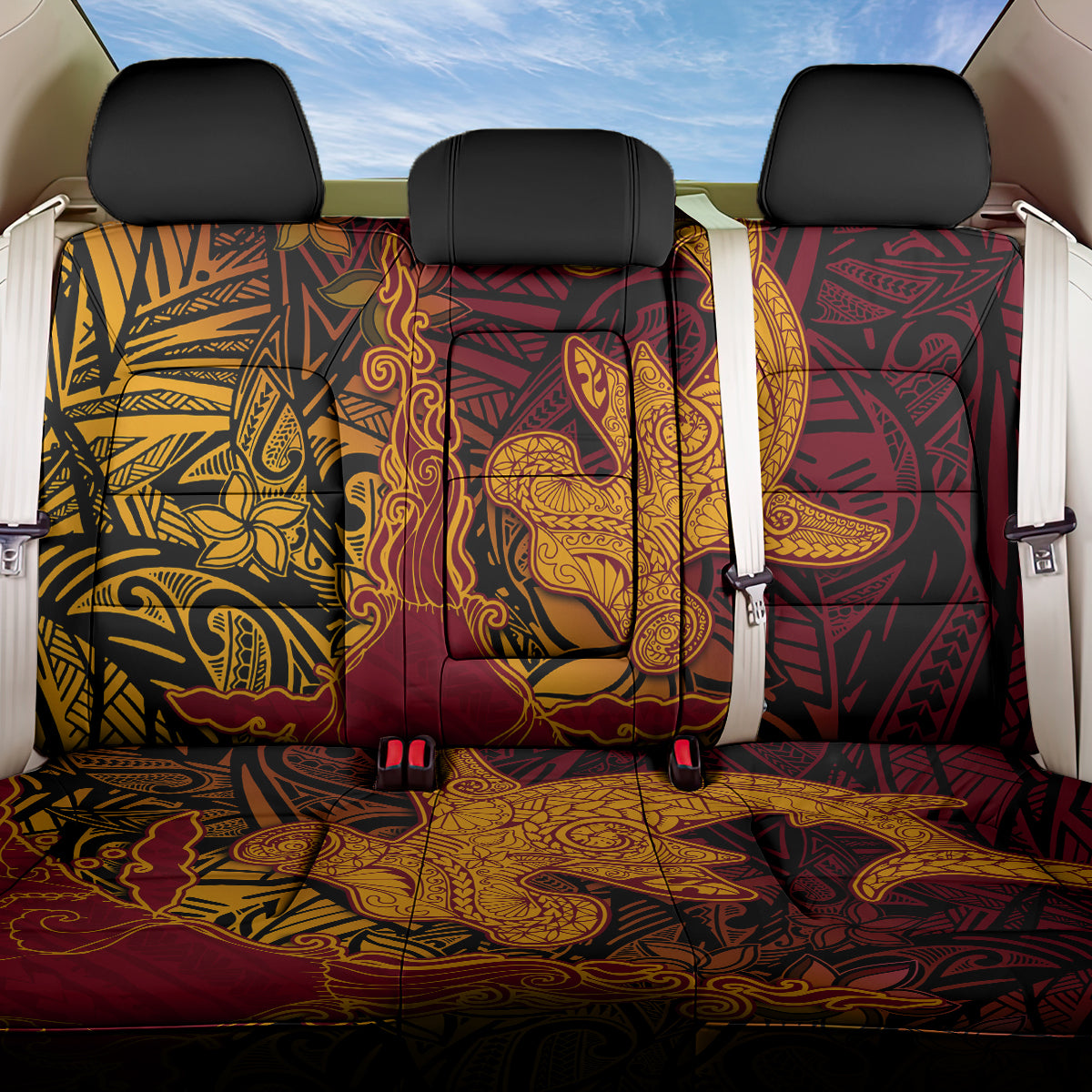 Hawaiian Volcano and Shark Back Car Seat Cover Polynesian and Hibiscus Pattern Lava Color LT03 One Size Red - Polynesian Pride