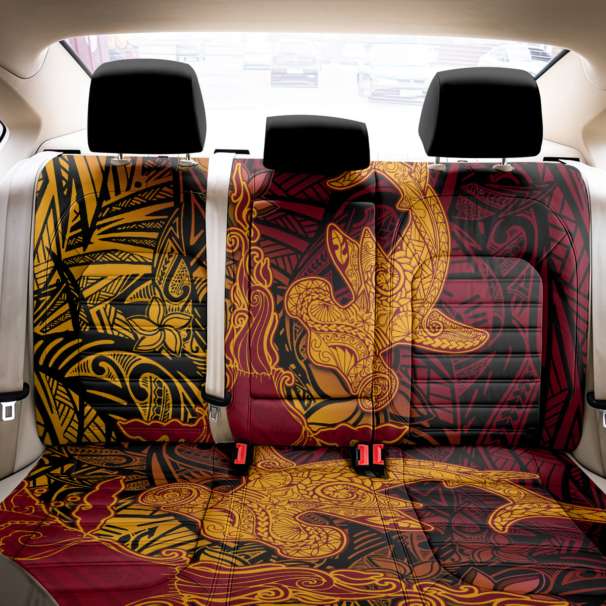 Hawaiian Volcano and Shark Back Car Seat Cover Polynesian and Hibiscus Pattern Lava Color LT03 - Polynesian Pride