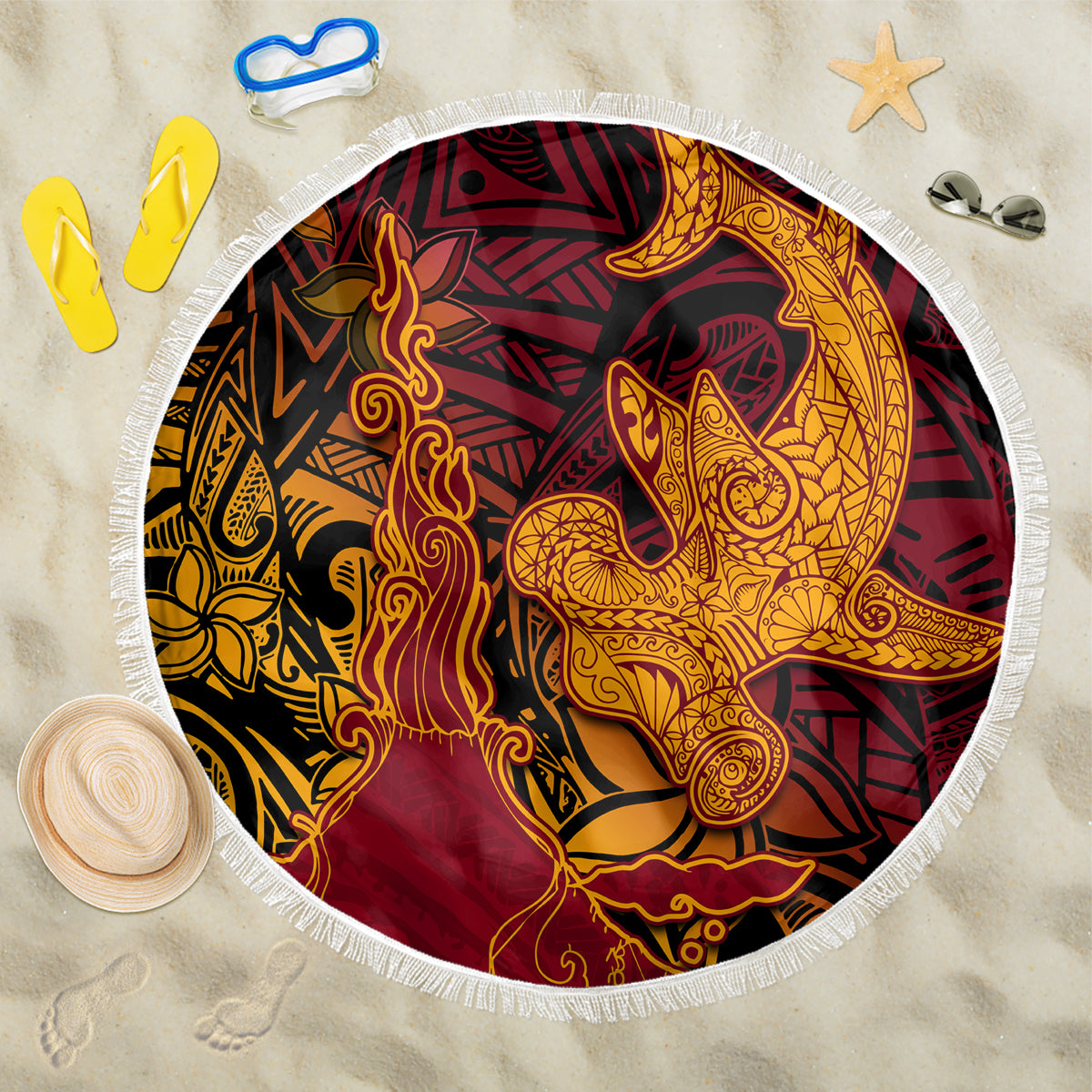 Hawaiian Volcano and Shark Beach Blanket Polynesian and Hibiscus Pattern Lava Color LT03 One Size 150cm Red - Polynesian Pride