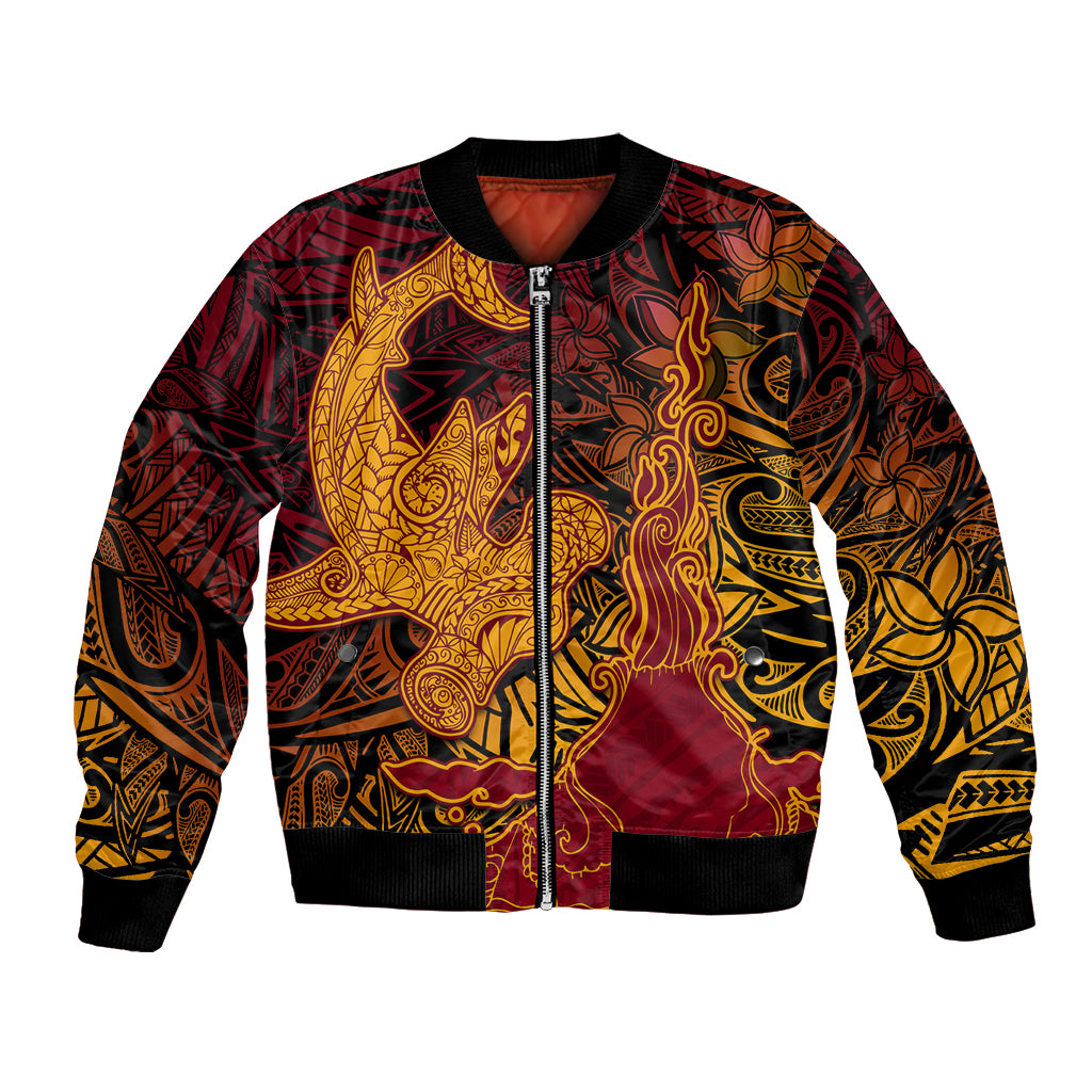 Hawaiian Volcano and Shark Bomber Jacket Polynesian and Hibiscus Pattern Lava Color LT03 Unisex Red - Polynesian Pride