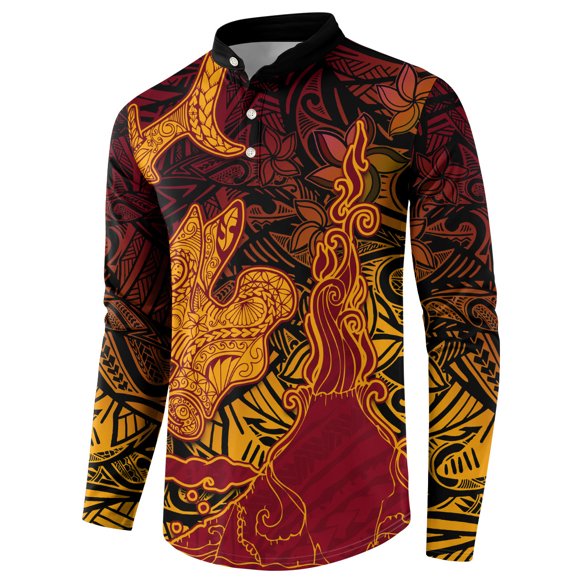 Hawaiian Volcano and Shark Button Sweatshirt Polynesian and Hibiscus Pattern Lava Color