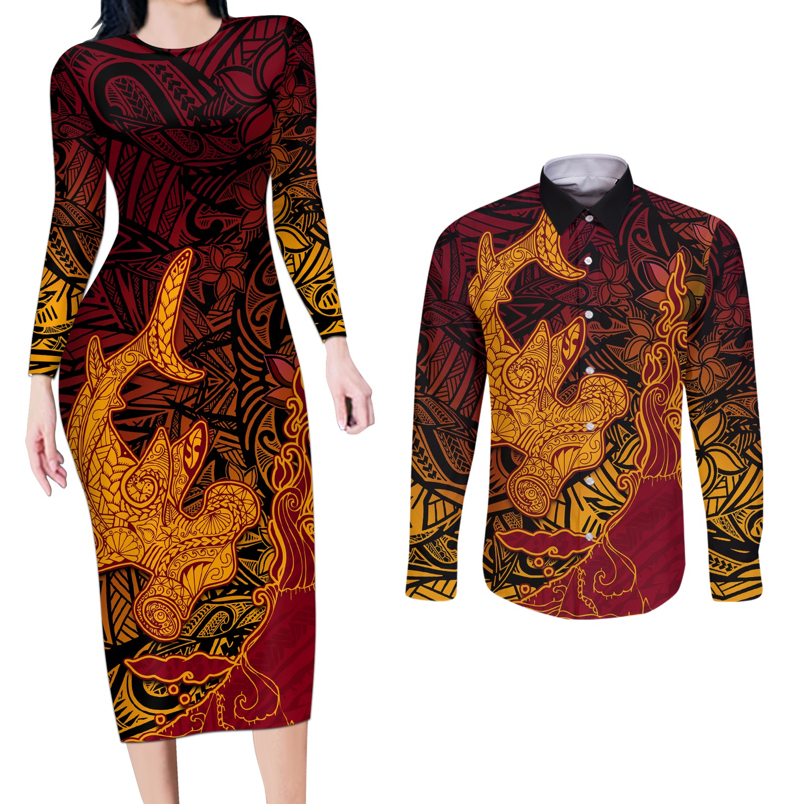 Hawaiian Volcano and Shark Couples Matching Long Sleeve Bodycon Dress and Long Sleeve Button Shirt Polynesian and Hibiscus Pattern Lava Color LT03 Red - Polynesian Pride