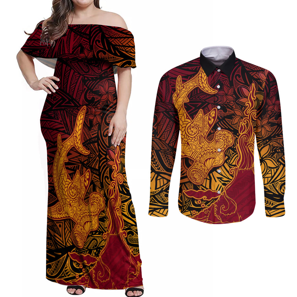 Hawaiian Volcano and Shark Couples Matching Off Shoulder Maxi Dress and Long Sleeve Button Shirt Polynesian and Hibiscus Pattern Lava Color LT03 Red - Polynesian Pride
