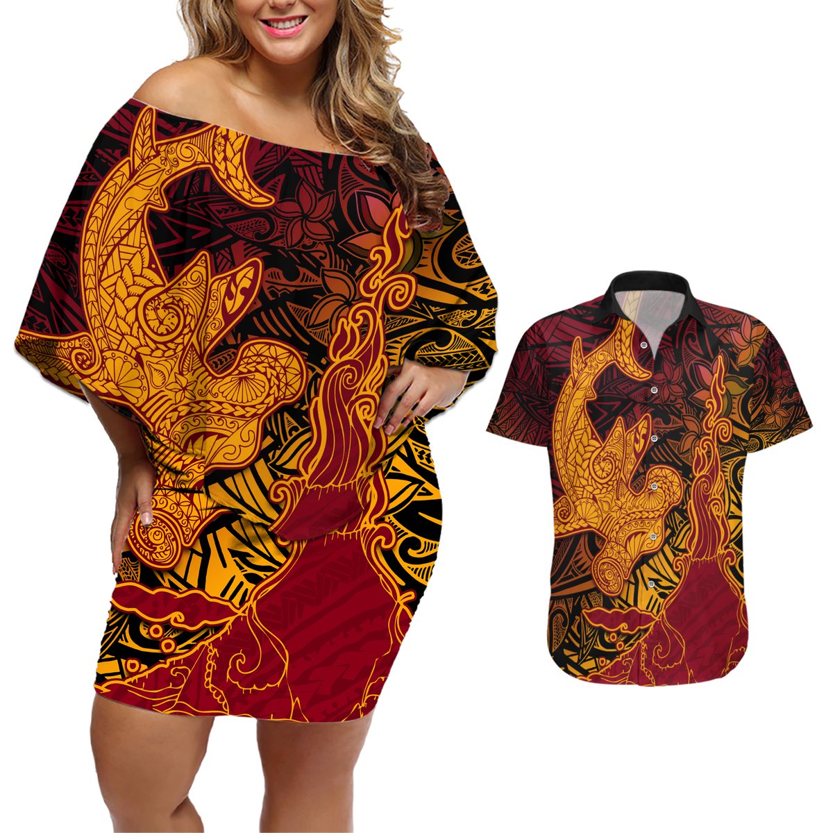 Hawaiian Volcano and Shark Couples Matching Off Shoulder Short Dress and Hawaiian Shirt Polynesian and Hibiscus Pattern Lava Color LT03 Red - Polynesian Pride