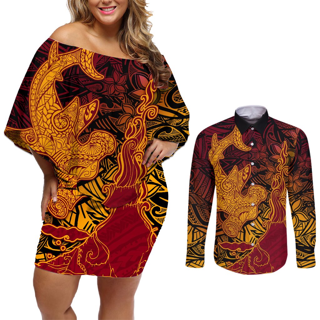 Hawaiian Volcano and Shark Couples Matching Off Shoulder Short Dress and Long Sleeve Button Shirt Polynesian and Hibiscus Pattern Lava Color LT03 Red - Polynesian Pride