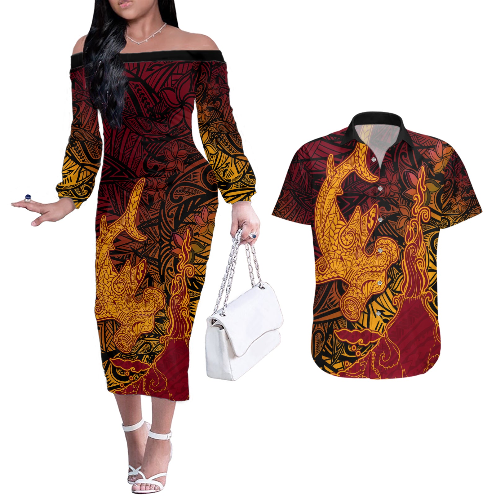 Hawaiian Volcano and Shark Couples Matching Off The Shoulder Long Sleeve Dress and Hawaiian Shirt Polynesian and Hibiscus Pattern Lava Color LT03 Red - Polynesian Pride