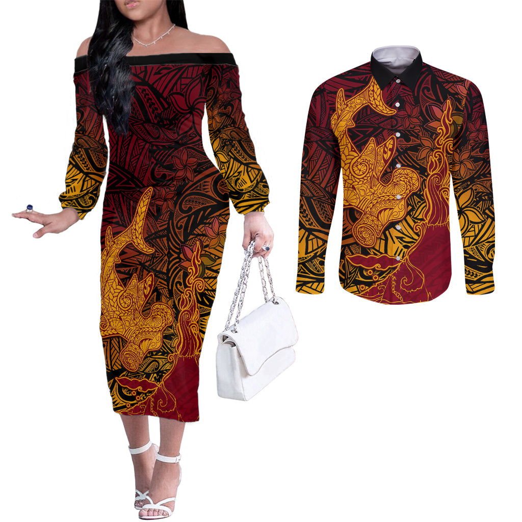 Hawaiian Volcano and Shark Couples Matching Off The Shoulder Long Sleeve Dress and Long Sleeve Button Shirt Polynesian and Hibiscus Pattern Lava Color LT03 Red - Polynesian Pride