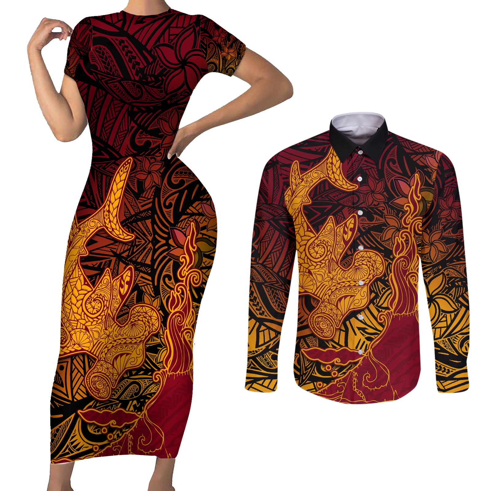 Hawaiian Volcano and Shark Couples Matching Short Sleeve Bodycon Dress and Long Sleeve Button Shirt Polynesian and Hibiscus Pattern Lava Color LT03 Red - Polynesian Pride