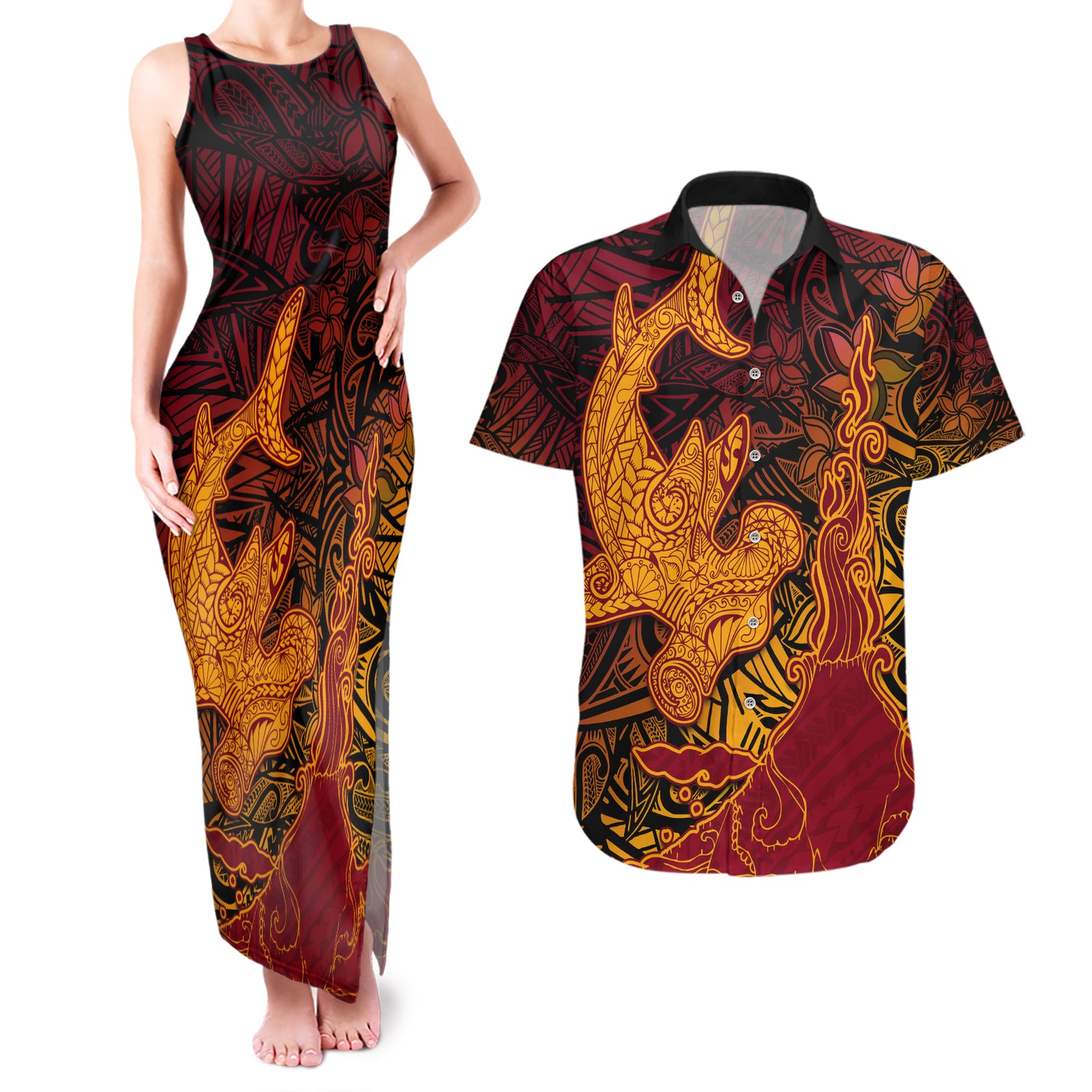 Hawaiian Volcano and Shark Couples Matching Tank Maxi Dress and Hawaiian Shirt Polynesian and Hibiscus Pattern Lava Color LT03 Red - Polynesian Pride
