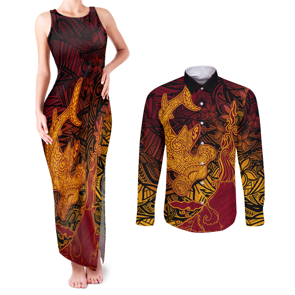 Hawaiian Volcano and Shark Couples Matching Tank Maxi Dress and Long Sleeve Button Shirt Polynesian and Hibiscus Pattern Lava Color LT03 Red - Polynesian Pride