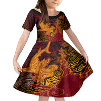 Hawaiian Volcano and Shark Family Matching Long Sleeve Bodycon Dress and Hawaiian Shirt Polynesian and Hibiscus Pattern Lava Color LT03 Daughter's Dress Red - Polynesian Pride