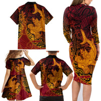 Hawaiian Volcano and Shark Family Matching Long Sleeve Bodycon Dress and Hawaiian Shirt Polynesian and Hibiscus Pattern Lava Color LT03 - Polynesian Pride