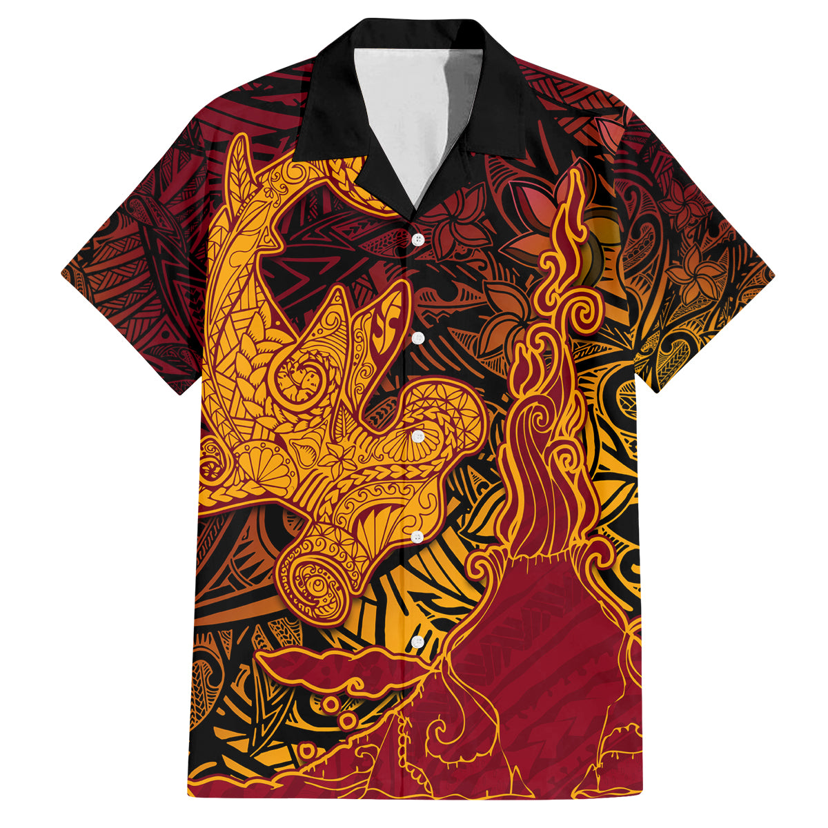 Hawaiian Volcano and Shark Family Matching Long Sleeve Bodycon Dress and Hawaiian Shirt Polynesian and Hibiscus Pattern Lava Color LT03 Dad's Shirt - Short Sleeve Red - Polynesian Pride