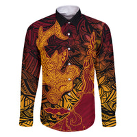 Hawaiian Volcano and Shark Family Matching Long Sleeve Bodycon Dress and Hawaiian Shirt Polynesian and Hibiscus Pattern Lava Color LT03 Dad's Shirt - Long Sleeve Red - Polynesian Pride