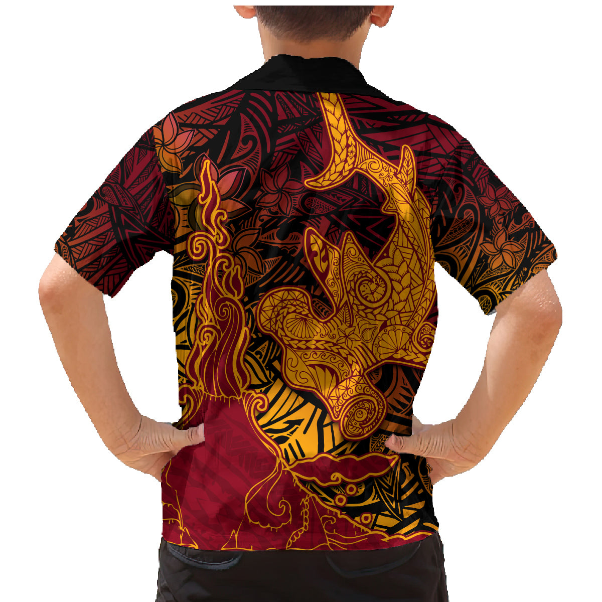Hawaiian Volcano and Shark Family Matching Mermaid Dress and Hawaiian Shirt Polynesian and Hibiscus Pattern Lava Color
