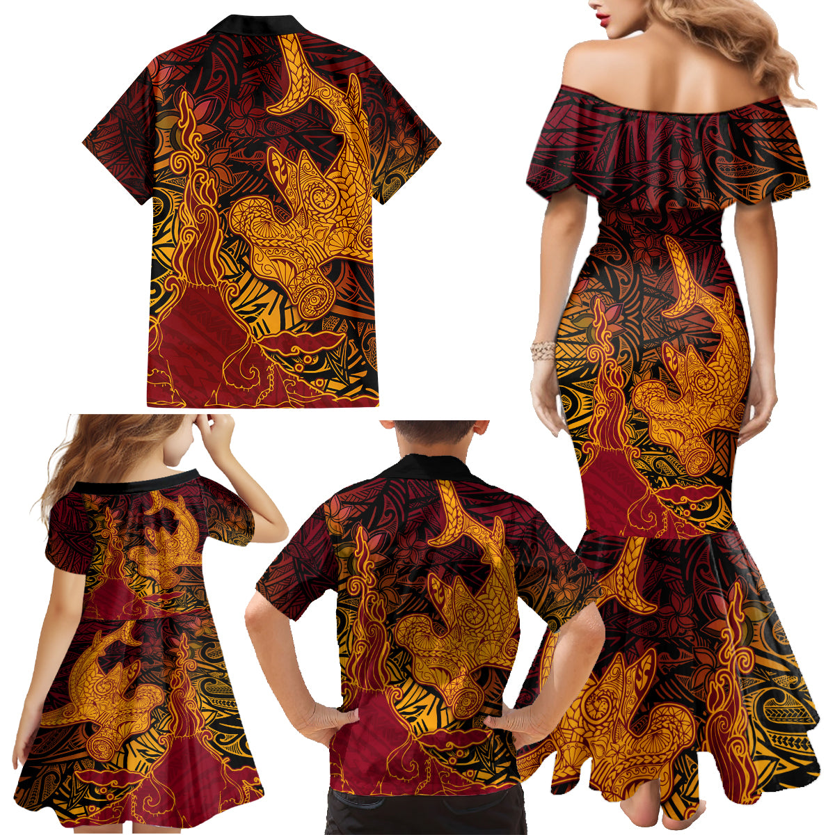 Hawaiian Volcano and Shark Family Matching Mermaid Dress and Hawaiian Shirt Polynesian and Hibiscus Pattern Lava Color