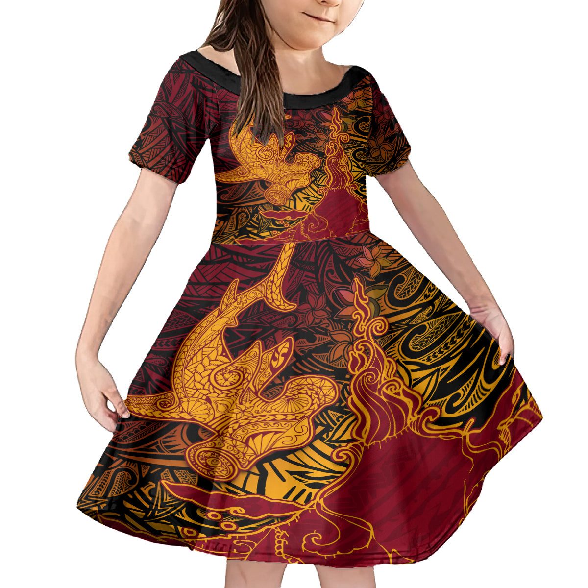 Hawaiian Volcano and Shark Family Matching Off The Shoulder Long Sleeve Dress and Hawaiian Shirt Polynesian and Hibiscus Pattern Lava Color LT03 Daughter's Dress Red - Polynesian Pride