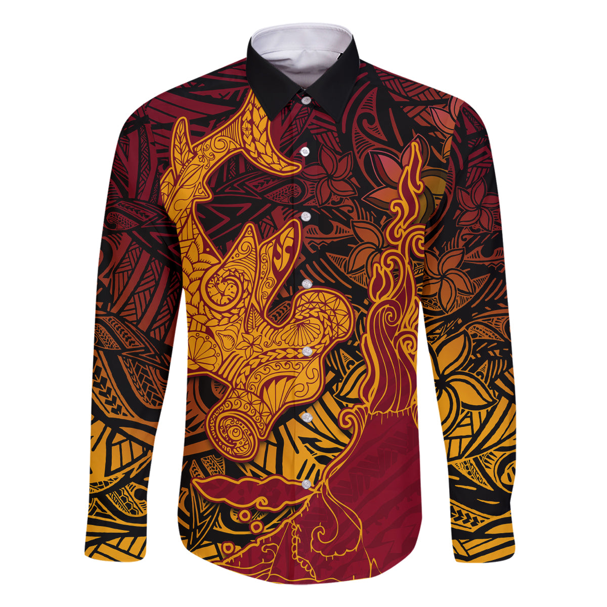 Hawaiian Volcano and Shark Family Matching Off The Shoulder Long Sleeve Dress and Hawaiian Shirt Polynesian and Hibiscus Pattern Lava Color LT03 Dad's Shirt - Long Sleeve Red - Polynesian Pride