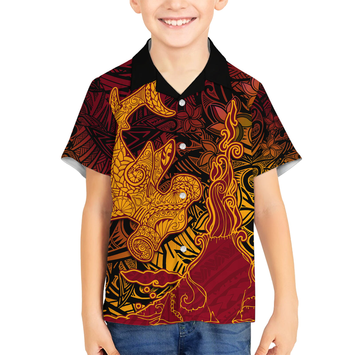Hawaiian Volcano and Shark Family Matching Off The Shoulder Long Sleeve Dress and Hawaiian Shirt Polynesian and Hibiscus Pattern Lava Color LT03 Son's Shirt Red - Polynesian Pride