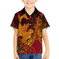 Hawaiian Volcano and Shark Family Matching Off The Shoulder Long Sleeve Dress and Hawaiian Shirt Polynesian and Hibiscus Pattern Lava Color LT03 Son's Shirt Red - Polynesian Pride