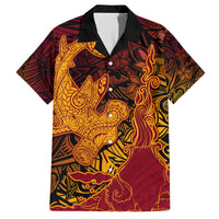 Hawaiian Volcano and Shark Family Matching Off Shoulder Maxi Dress and Hawaiian Shirt Polynesian and Hibiscus Pattern Lava Color
