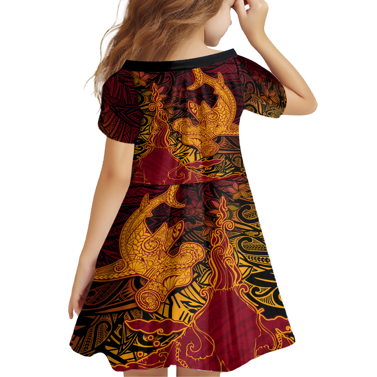 Hawaiian Volcano and Shark Family Matching Off Shoulder Short Dress and Hawaiian Shirt Polynesian and Hibiscus Pattern Lava Color