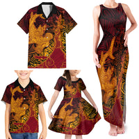 Hawaiian Volcano and Shark Family Matching Tank Maxi Dress and Hawaiian Shirt Polynesian and Hibiscus Pattern Lava Color