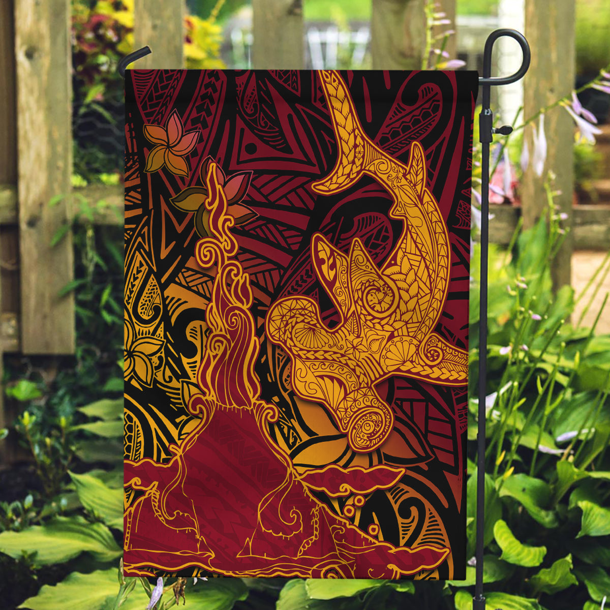 Hawaiian Volcano and Shark Garden Flag Polynesian and Hibiscus Pattern Lava Color LT03 Garden Flag Red - Polynesian Pride
