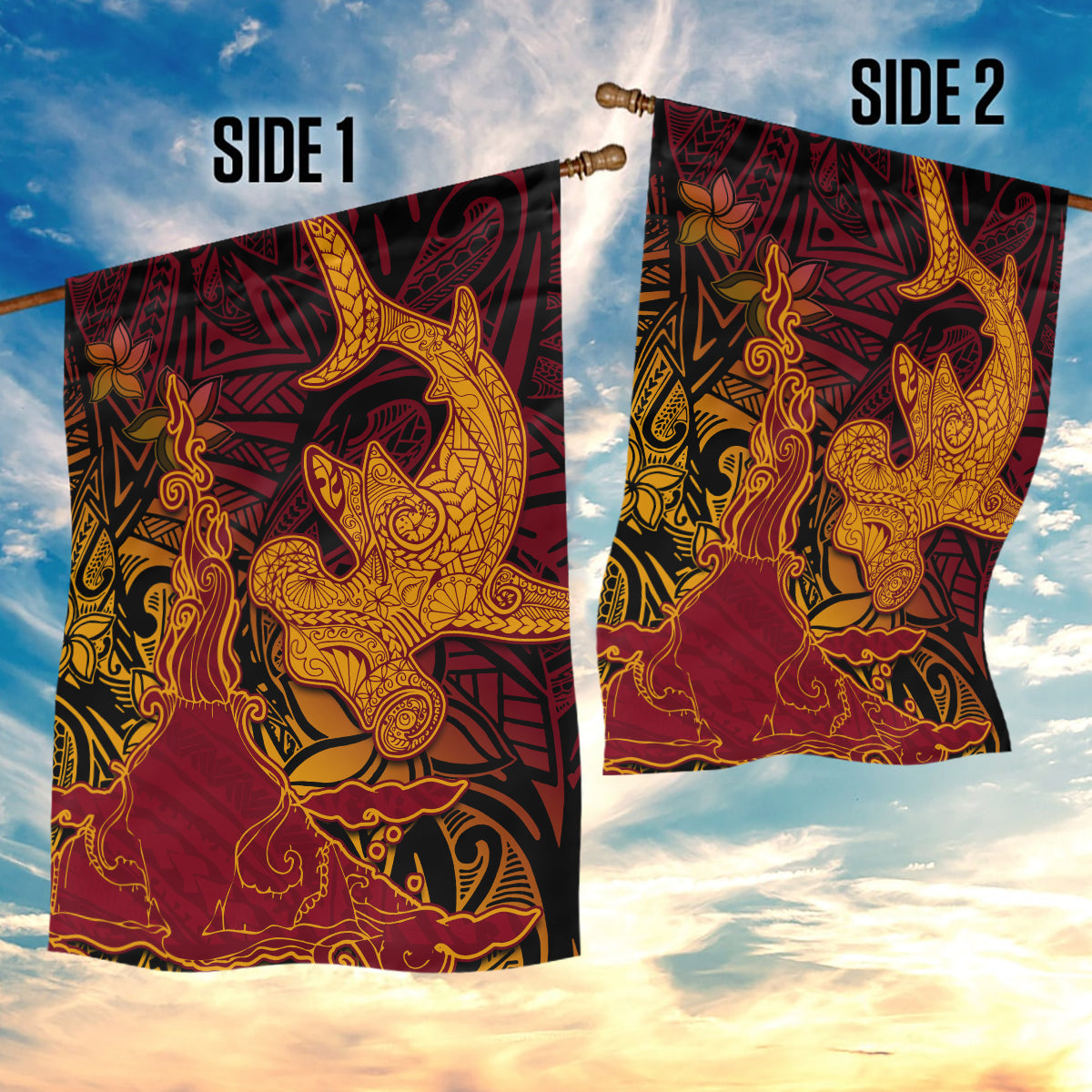 Hawaiian Volcano and Shark Garden Flag Polynesian and Hibiscus Pattern Lava Color LT03 - Polynesian Pride