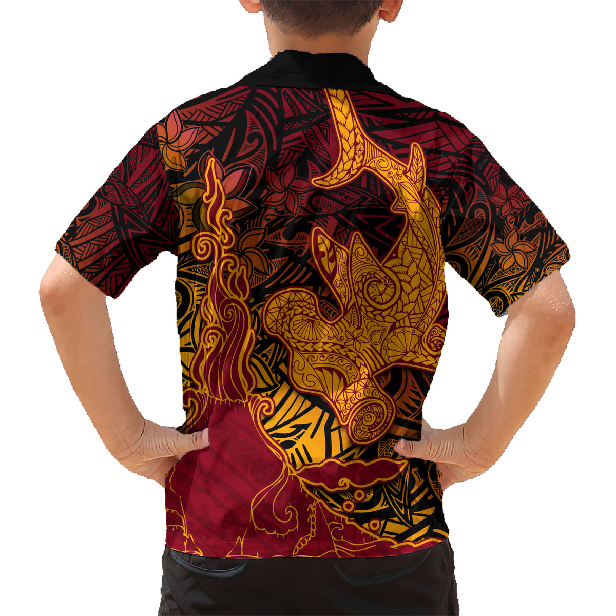 Hawaiian Volcano and Shark Hawaiian Shirt Polynesian and Hibiscus Pattern Lava Color