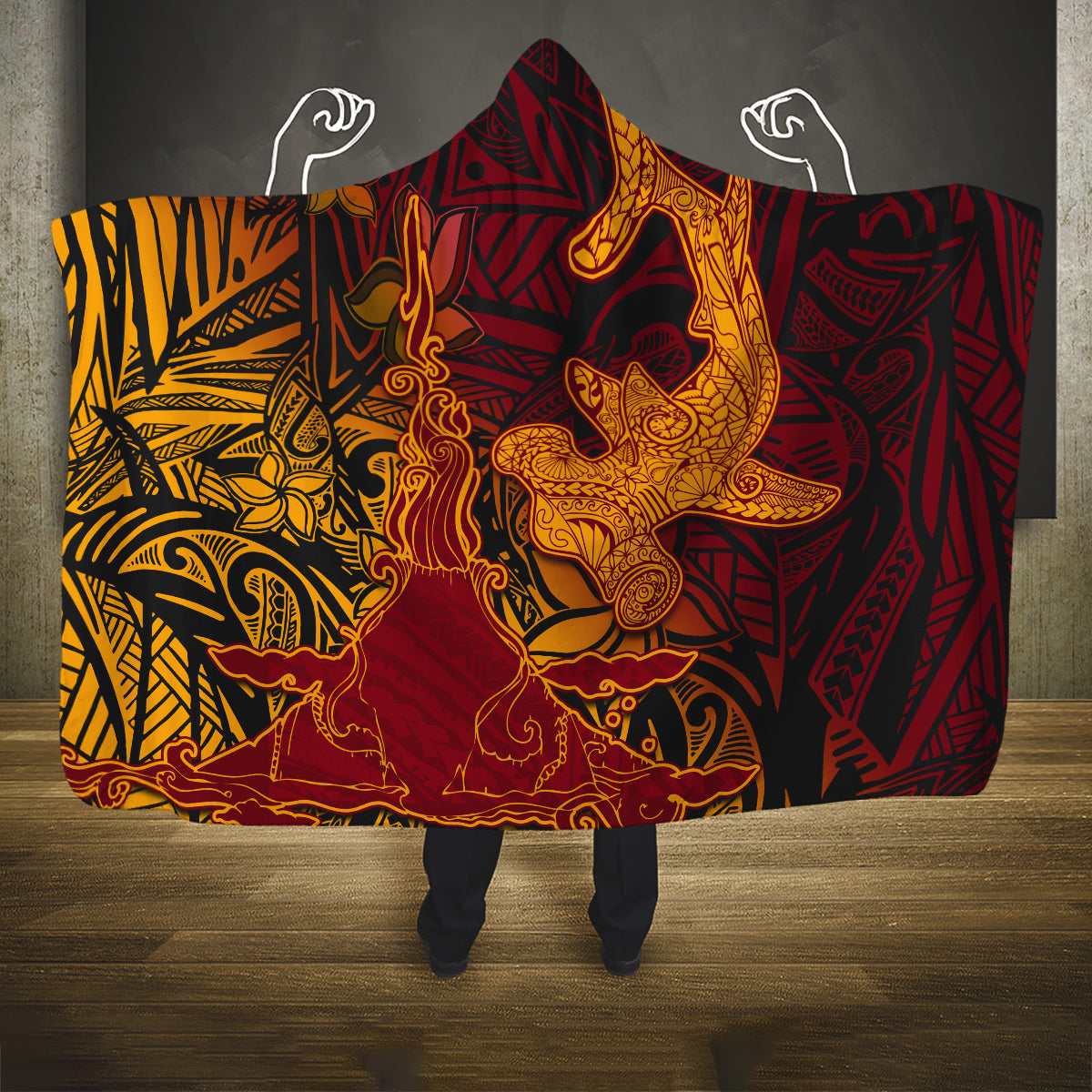 Hawaiian Volcano and Shark Hooded Blanket Polynesian and Hibiscus Pattern Lava Color LT03 One Size Red - Polynesian Pride
