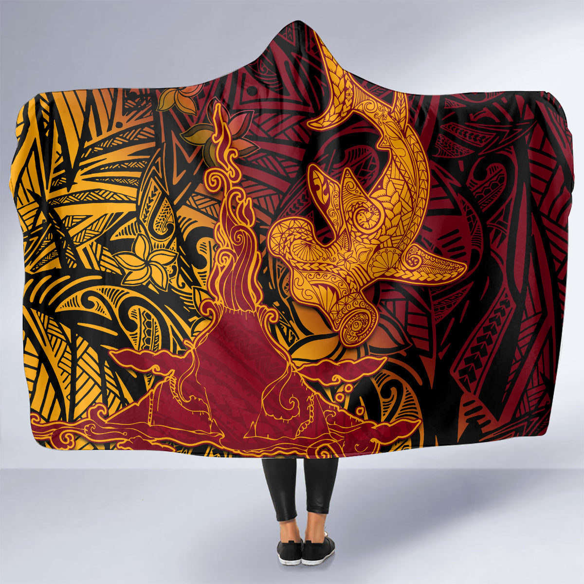 Hawaiian Volcano and Shark Hooded Blanket Polynesian and Hibiscus Pattern Lava Color LT03 - Polynesian Pride