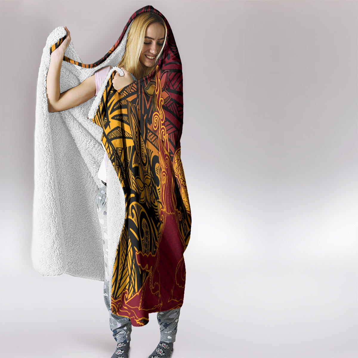 Hawaiian Volcano and Shark Hooded Blanket Polynesian and Hibiscus Pattern Lava Color LT03 - Polynesian Pride