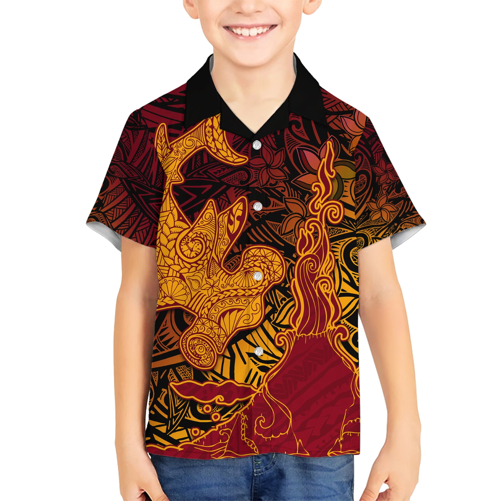Hawaiian Volcano and Shark Kid Hawaiian Shirt Polynesian and Hibiscus Pattern Lava Color LT03 Kid Red - Polynesian Pride