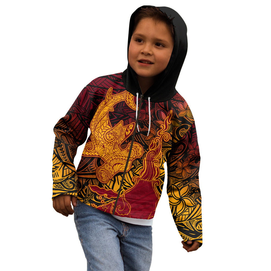 Hawaiian Volcano and Shark Kid Hoodie Polynesian and Hibiscus Pattern Lava Color
