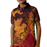 Hawaiian Volcano and Shark Kid Polo Shirt Polynesian and Hibiscus Pattern Lava Color