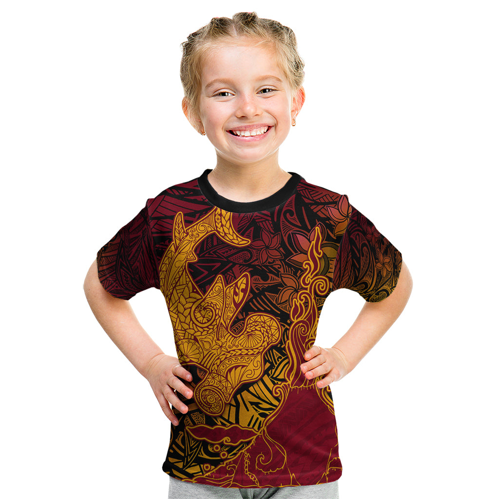 Hawaiian Volcano and Shark Kid T Shirt Polynesian and Hibiscus Pattern Lava Color LT03 Red - Polynesian Pride