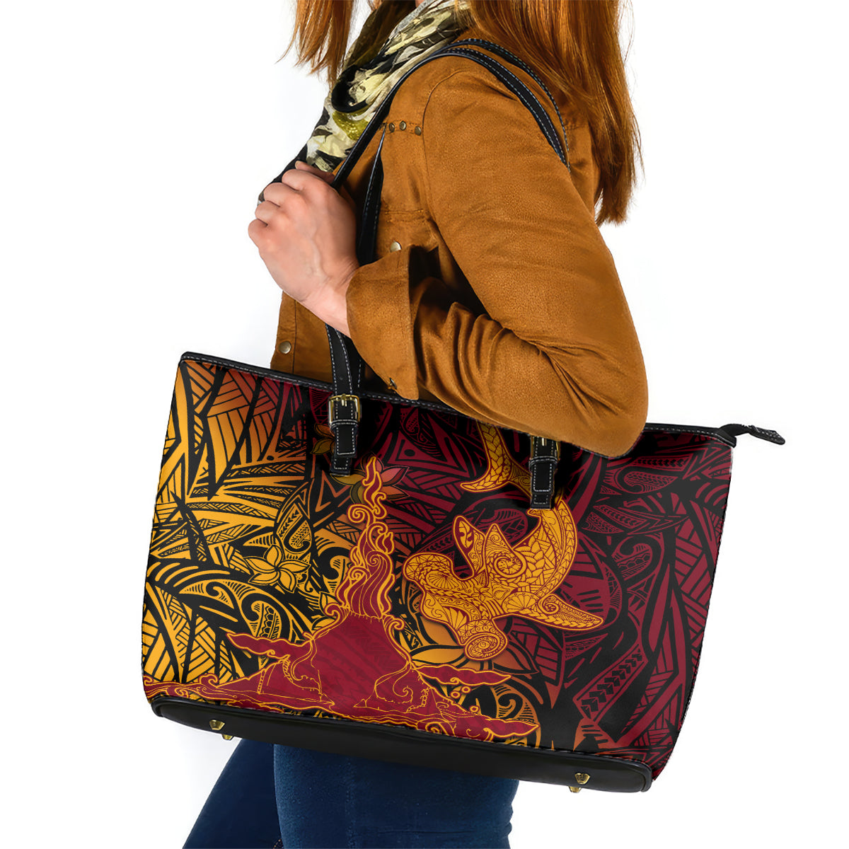 Hawaiian Volcano and Shark Leather Tote Bag Polynesian and Hibiscus Pattern Lava Color LT03 Red - Polynesian Pride
