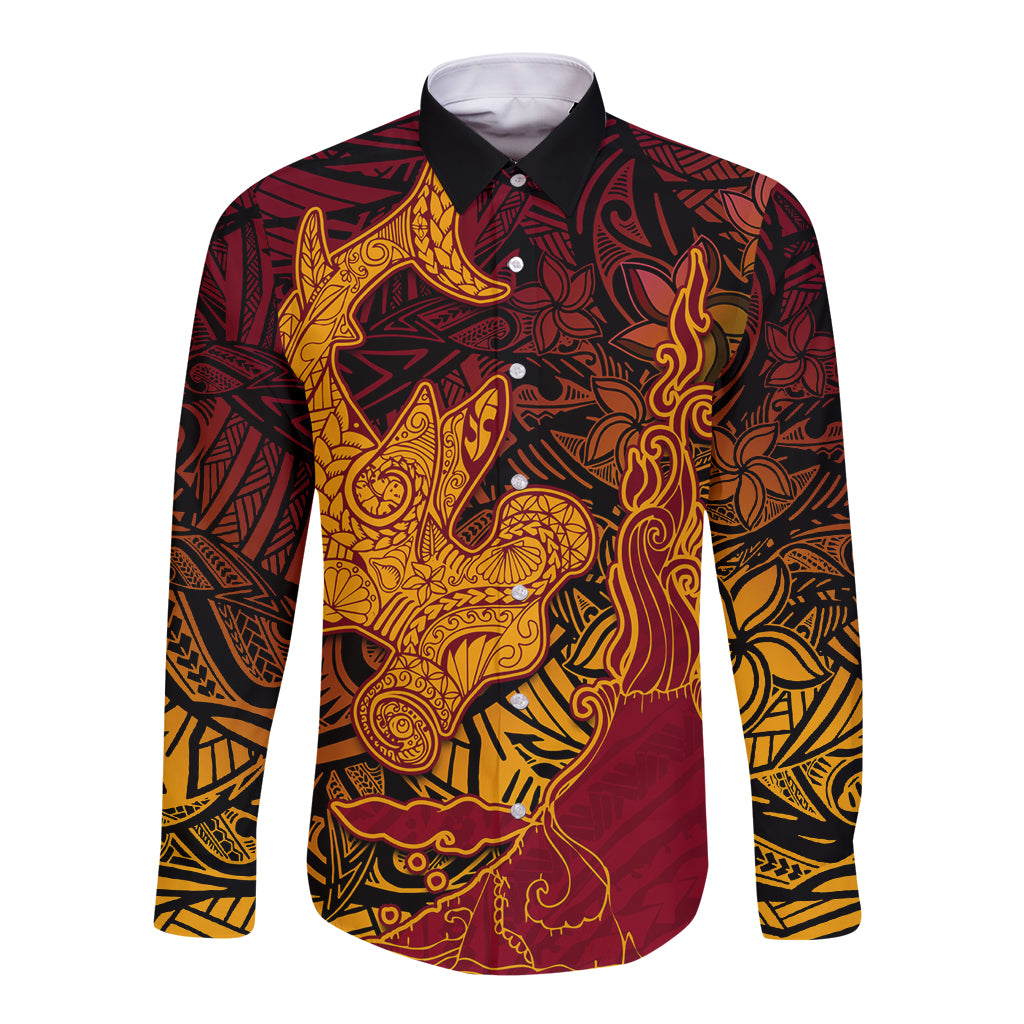 Hawaiian Volcano and Shark Long Sleeve Button Shirt Polynesian and Hibiscus Pattern Lava Color