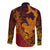 Hawaiian Volcano and Shark Long Sleeve Button Shirt Polynesian and Hibiscus Pattern Lava Color