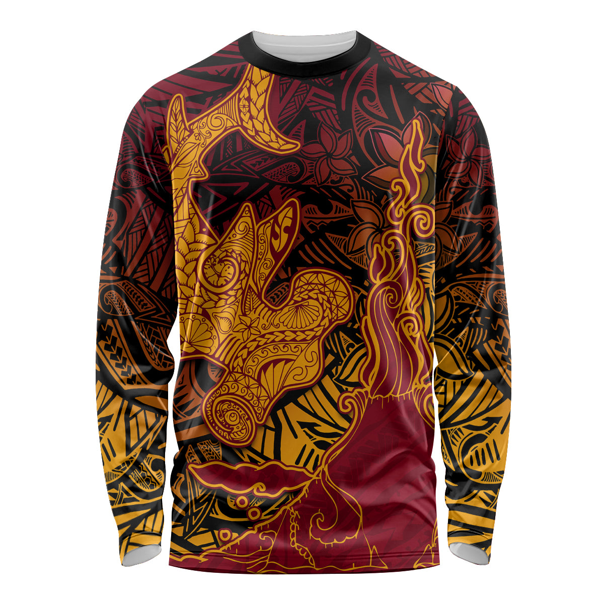 Hawaiian Volcano and Shark Long Sleeve Shirt Polynesian and Hibiscus Pattern Lava Color LT03 Unisex Red - Polynesian Pride