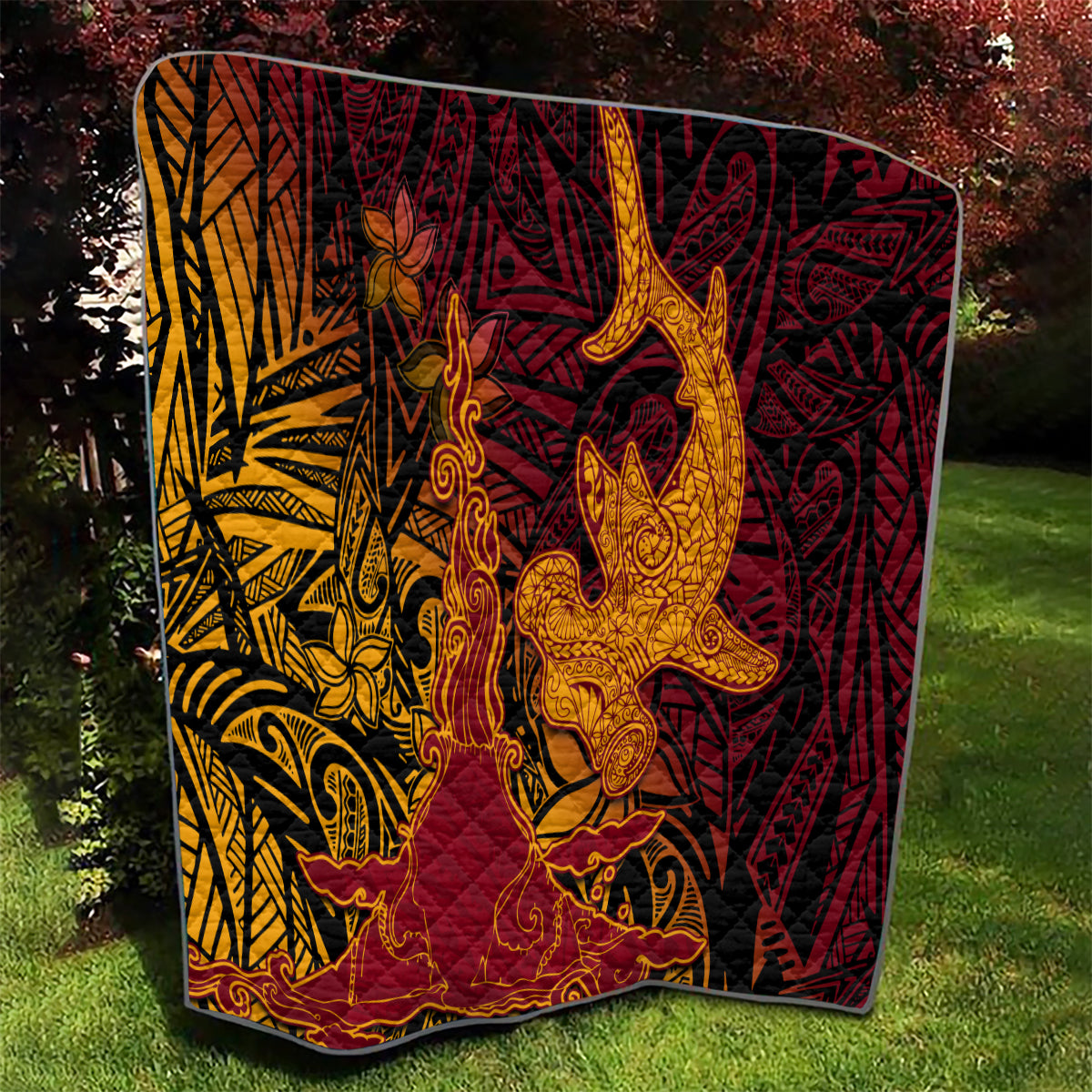 Hawaiian Volcano and Shark Quilt Polynesian and Hibiscus Pattern Lava Color