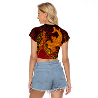 Hawaiian Volcano and Shark Raglan Cropped T Shirt Polynesian and Hibiscus Pattern Lava Color