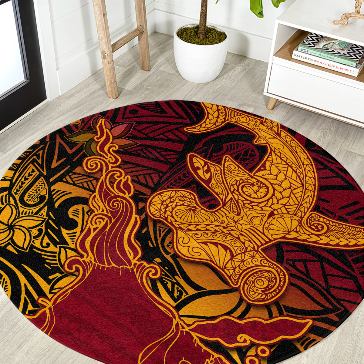 Hawaiian Volcano and Shark Round Carpet Polynesian and Hibiscus Pattern Lava Color LT03 Red - Polynesian Pride